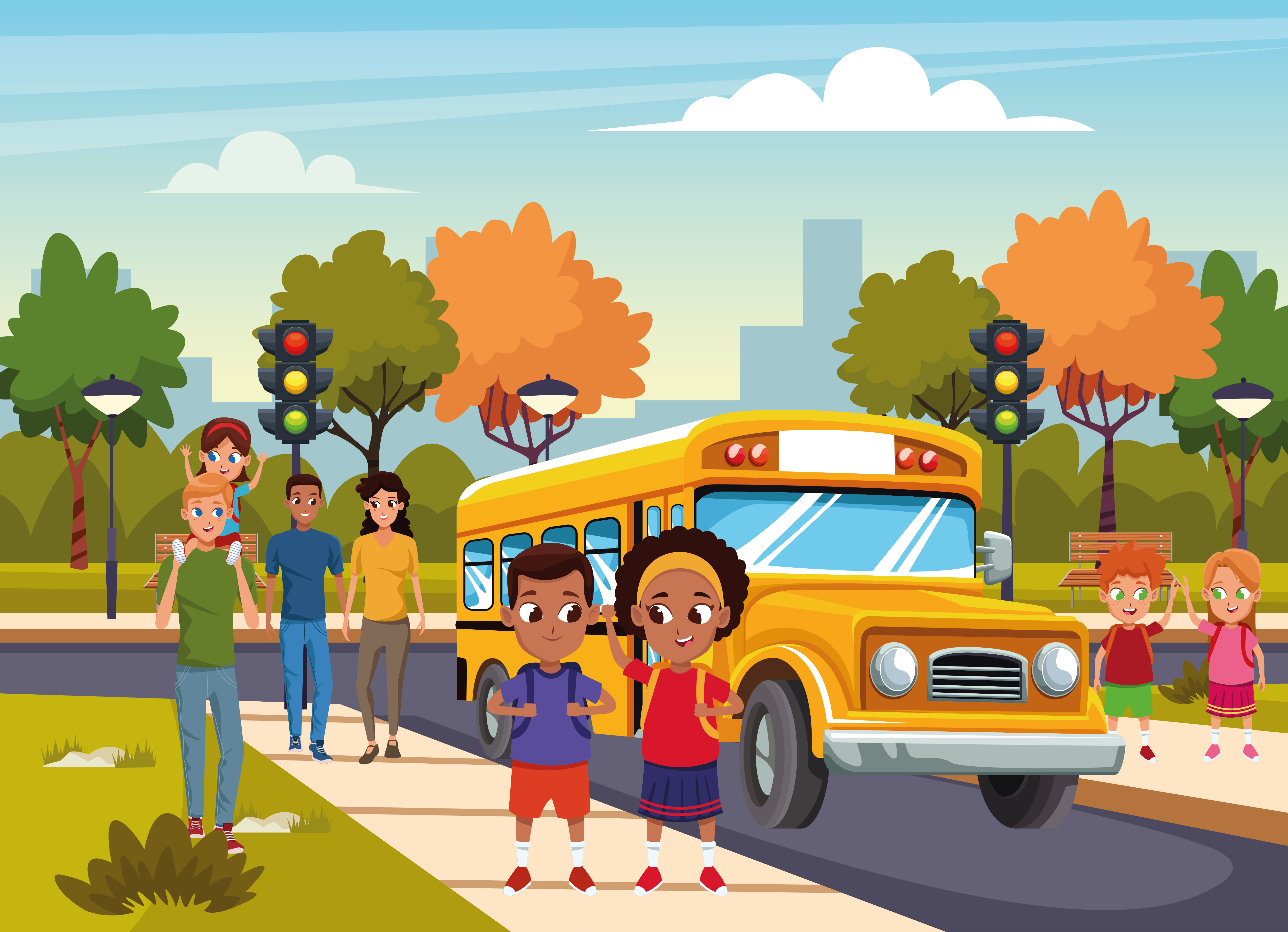 School bus and taxi with traffic light illustration